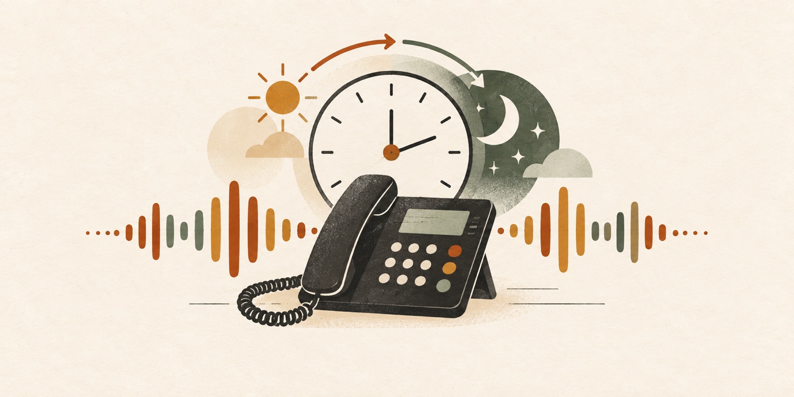 Illustration of a phone, flowing audio waveform, and day-and-night clock