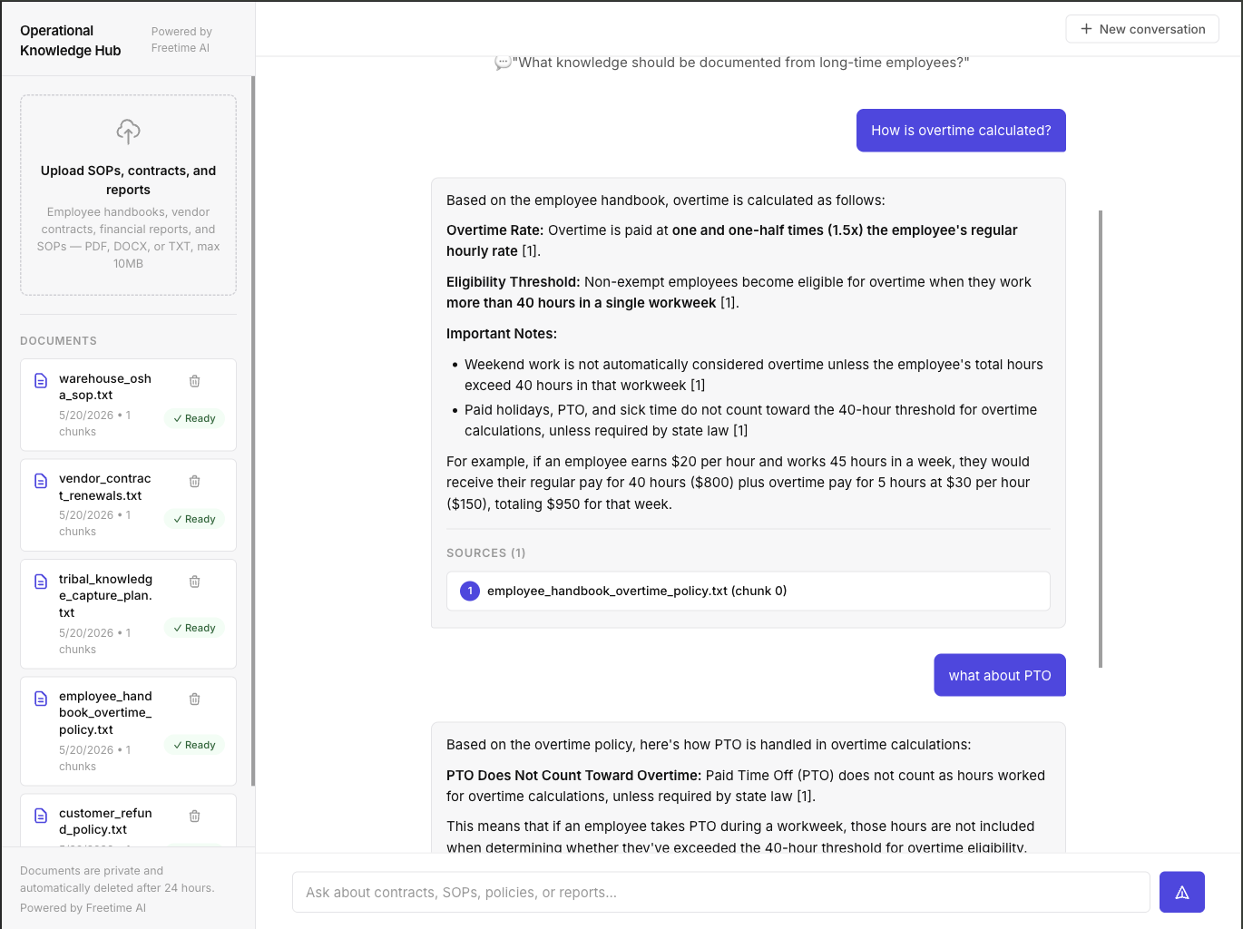 Operational Knowledge Hub showing an AI answer about overtime policy using uploaded employee documents